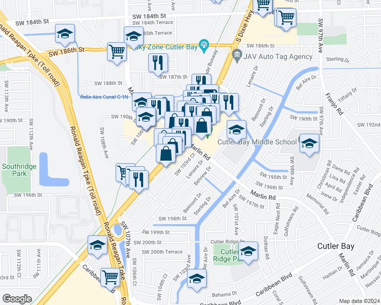 map of restaurants, bars, coffee shops, grocery stores, and more near 19356 Southwest 103rd Court in Cutler Bay