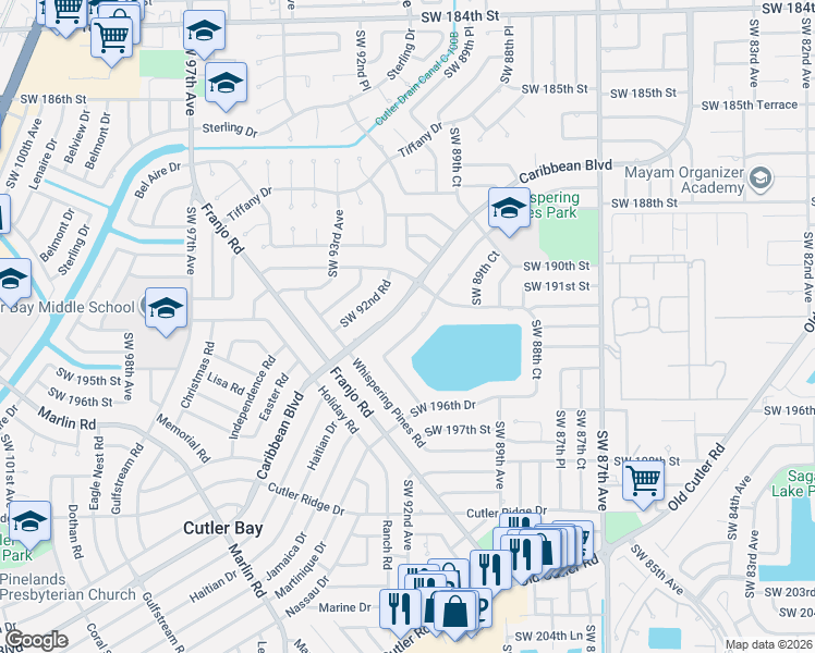map of restaurants, bars, coffee shops, grocery stores, and more near 9190 Caribbean Boulevard in Cutler Bay