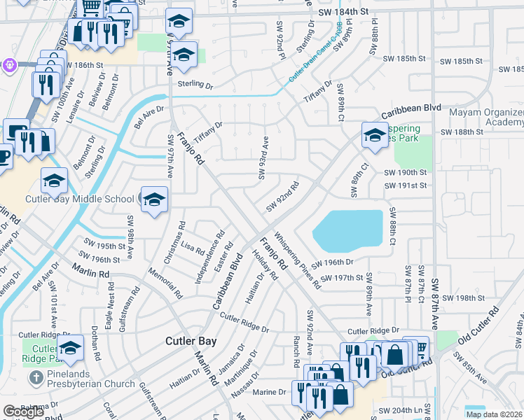 map of restaurants, bars, coffee shops, grocery stores, and more near 19280 Southwest 93rd Road in Cutler Bay