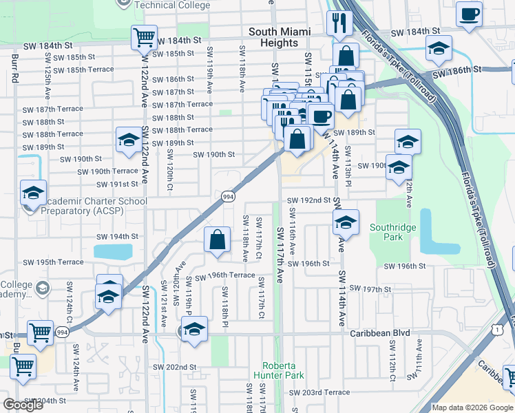 map of restaurants, bars, coffee shops, grocery stores, and more near 11730 Southwest 192nd Street in Miami