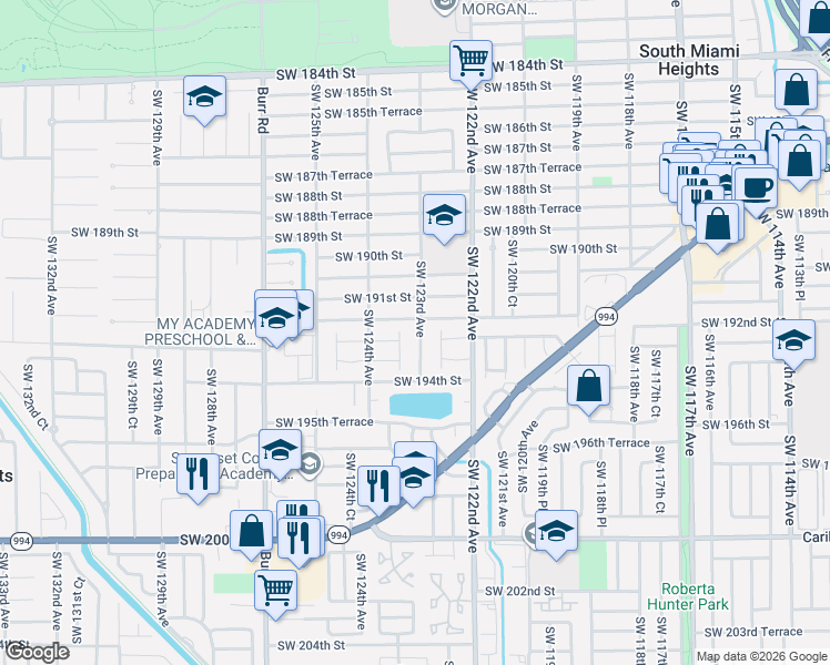 map of restaurants, bars, coffee shops, grocery stores, and more near 12280 Southwest 191st Terrace in Miami