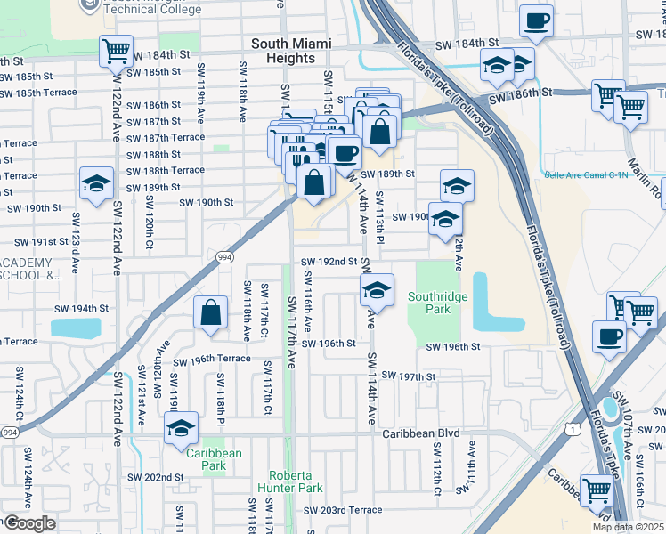 map of restaurants, bars, coffee shops, grocery stores, and more near 11471 Southwest 192nd Street in Miami