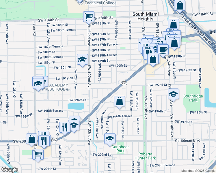 map of restaurants, bars, coffee shops, grocery stores, and more near 11960 Southwest 191st Terrace in Miami