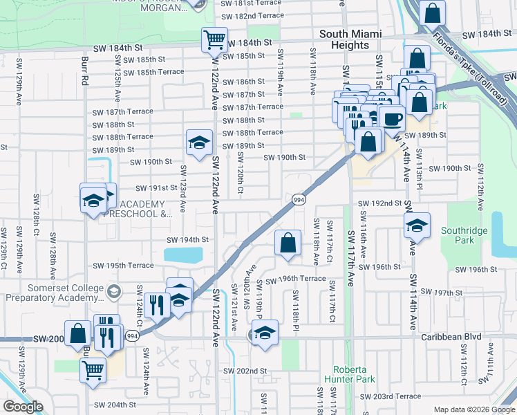 map of restaurants, bars, coffee shops, grocery stores, and more near 11960 Southwest 191st Terrace in Miami