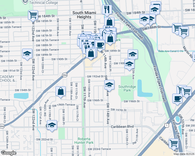 map of restaurants, bars, coffee shops, grocery stores, and more near 11471 Southwest 192nd Street in Miami