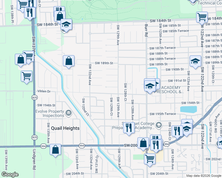 map of restaurants, bars, coffee shops, grocery stores, and more near 12905 Southwest 191st Terrace in Miami