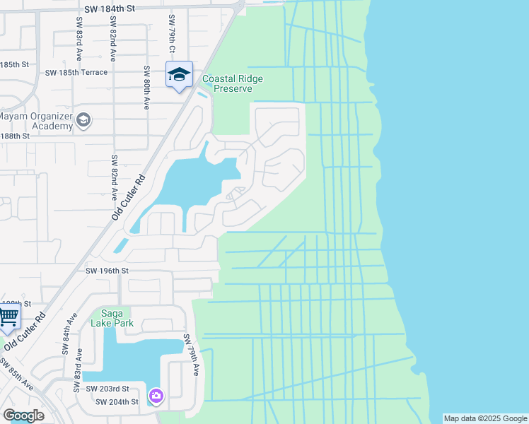 map of restaurants, bars, coffee shops, grocery stores, and more near 7616 Southwest 193rd Lane in Cutler Bay