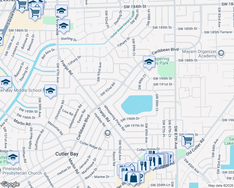 map of restaurants, bars, coffee shops, grocery stores, and more near 9190 Caribbean Boulevard in Cutler Bay