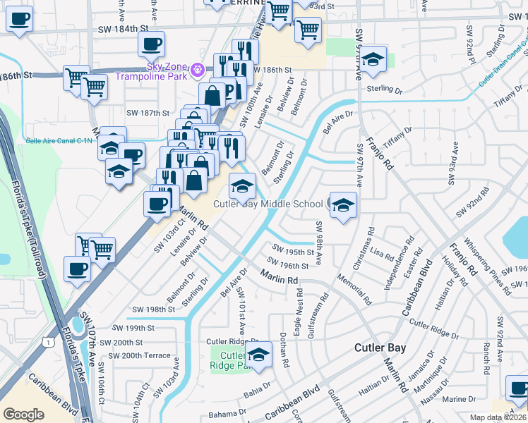 map of restaurants, bars, coffee shops, grocery stores, and more near 19251 Sterling Drive in Cutler Bay