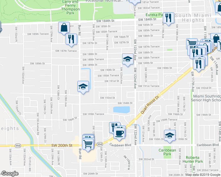 map of restaurants, bars, coffee shops, grocery stores, and more near 12380 Southwest 191st Terrace in Miami