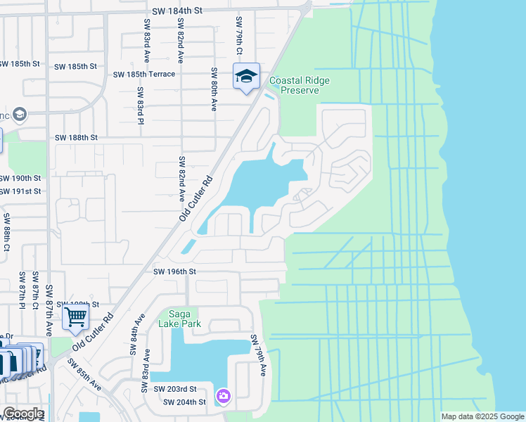 map of restaurants, bars, coffee shops, grocery stores, and more near 7883 Southwest 193rd Street in Cutler Bay