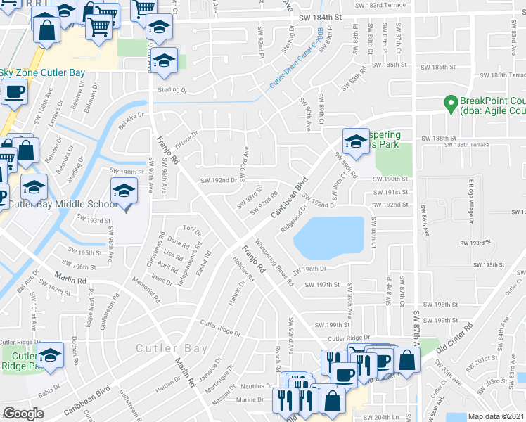 map of restaurants, bars, coffee shops, grocery stores, and more near 19255 Southwest 92nd Road in Miami