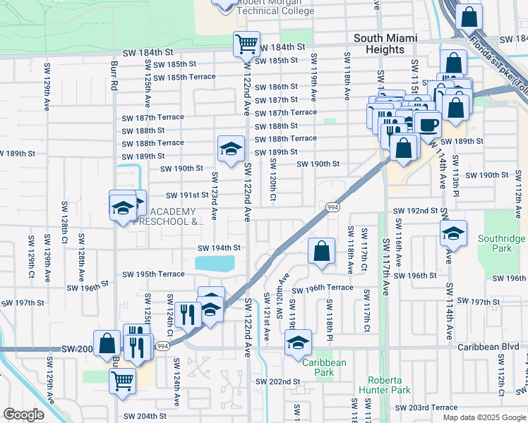 map of restaurants, bars, coffee shops, grocery stores, and more near 12020 Southwest 191st Terrace in Miami