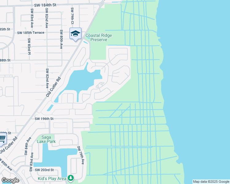 map of restaurants, bars, coffee shops, grocery stores, and more near 7616 Southwest 193rd Lane in Cutler Bay