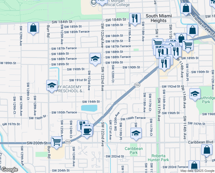 map of restaurants, bars, coffee shops, grocery stores, and more near 12020 Southwest 191st Terrace in Miami