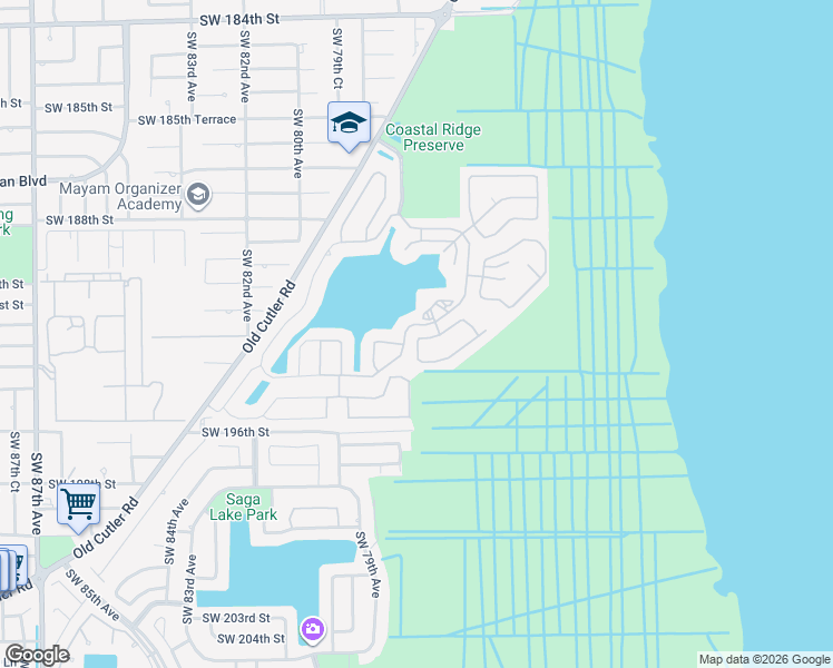 map of restaurants, bars, coffee shops, grocery stores, and more near 7753 Southwest 193rd Street in Cutler Bay