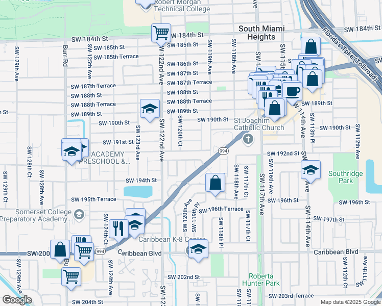 map of restaurants, bars, coffee shops, grocery stores, and more near 11960 Southwest 191st Terrace in Miami