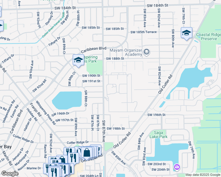 map of restaurants, bars, coffee shops, grocery stores, and more near 19301 Southwest 87th Avenue in Miami