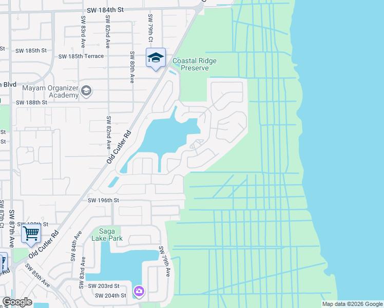 map of restaurants, bars, coffee shops, grocery stores, and more near 7753 Southwest 193rd Street in Cutler Bay