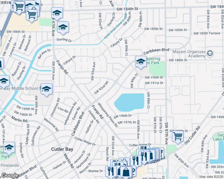 map of restaurants, bars, coffee shops, grocery stores, and more near 9190 Caribbean Boulevard in Cutler Bay