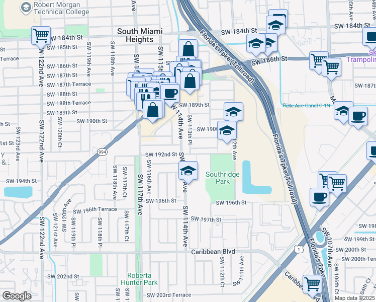 map of restaurants, bars, coffee shops, grocery stores, and more near in South Miami Heights