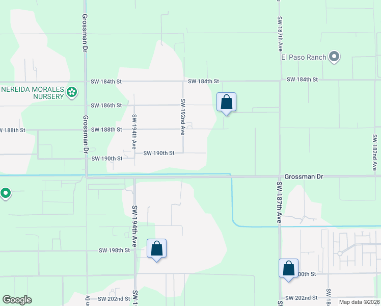 map of restaurants, bars, coffee shops, grocery stores, and more near 19050 Southwest 190th Street in Miami