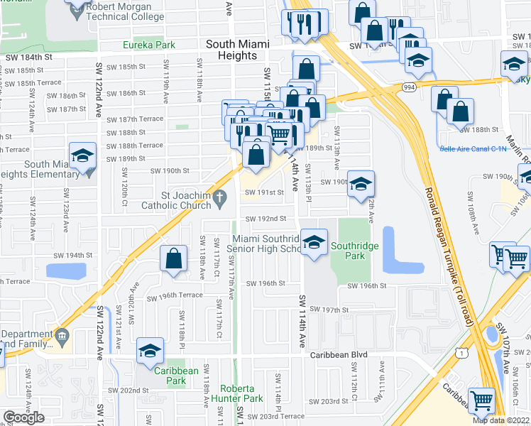 map of restaurants, bars, coffee shops, grocery stores, and more near 11471 Southwest 192nd Street in Miami