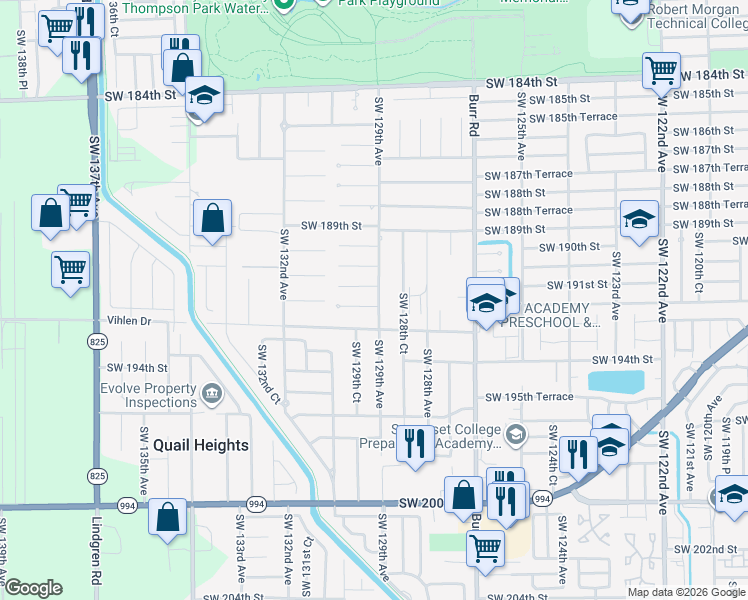 map of restaurants, bars, coffee shops, grocery stores, and more near 12905 Southwest 191st Terrace in Miami