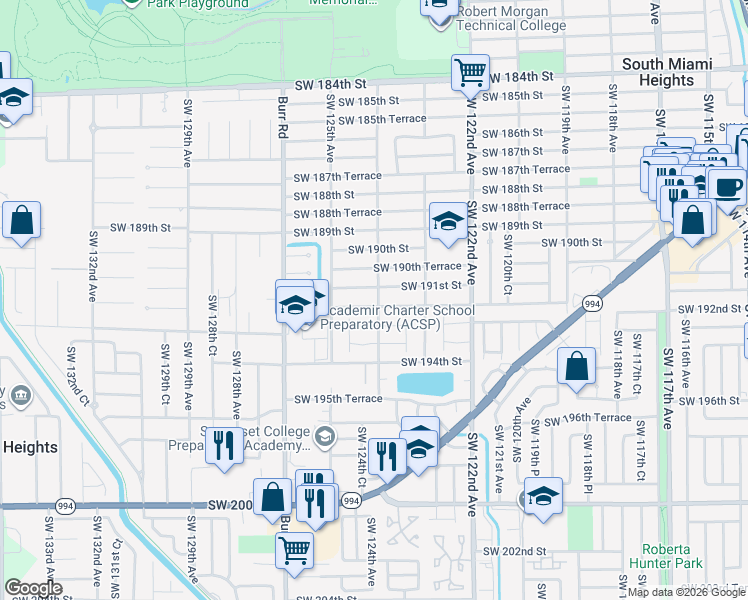 map of restaurants, bars, coffee shops, grocery stores, and more near 12380 Southwest 191st Terrace in Miami