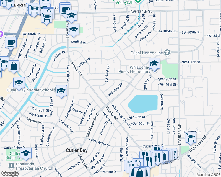 map of restaurants, bars, coffee shops, grocery stores, and more near 19255 Southwest 92nd Road in Miami