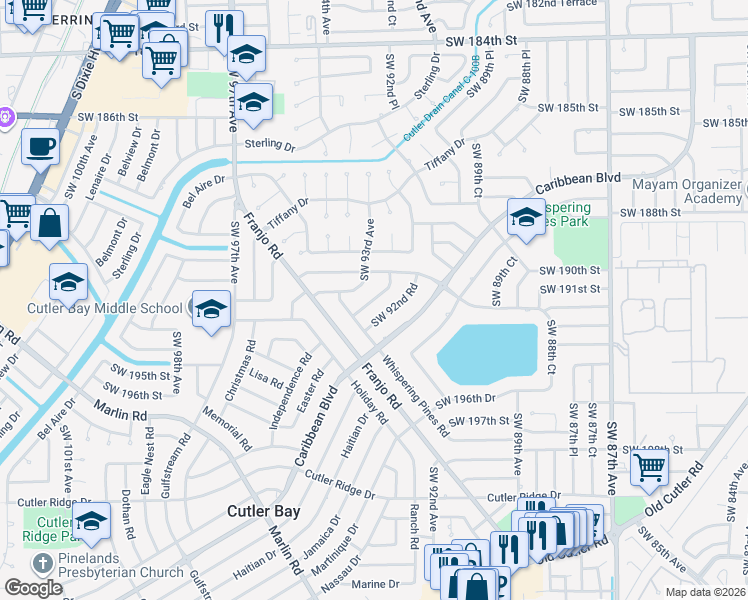 map of restaurants, bars, coffee shops, grocery stores, and more near 19255 Southwest 92nd Road in Miami