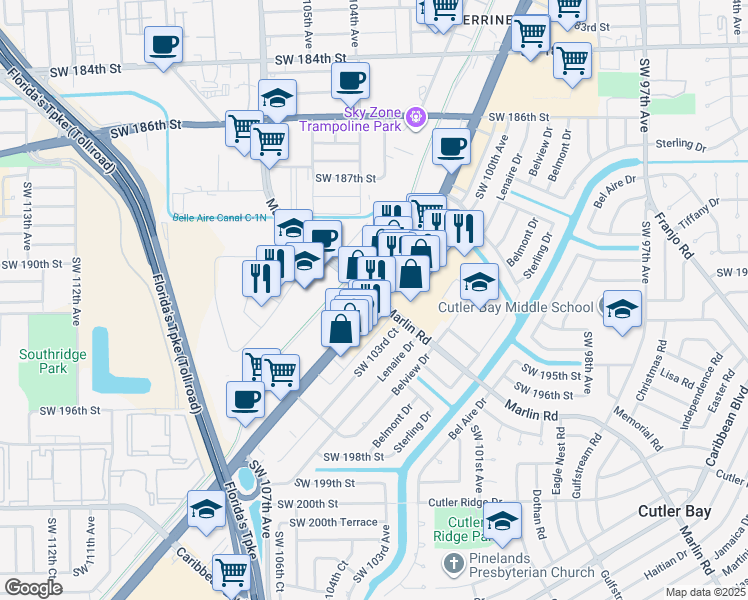 map of restaurants, bars, coffee shops, grocery stores, and more near U.S. 1 & Marlin Rd in Cutler Bay