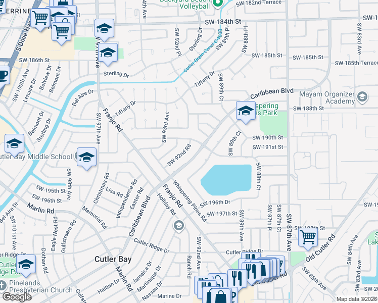 map of restaurants, bars, coffee shops, grocery stores, and more near 9190 Caribbean Boulevard in Cutler Bay