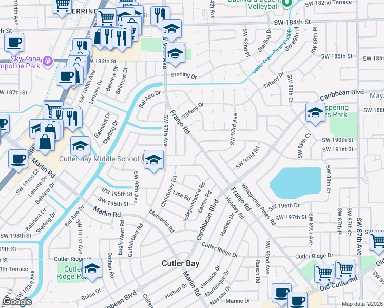 map of restaurants, bars, coffee shops, grocery stores, and more near 9501 Holiday Road in Cutler Bay