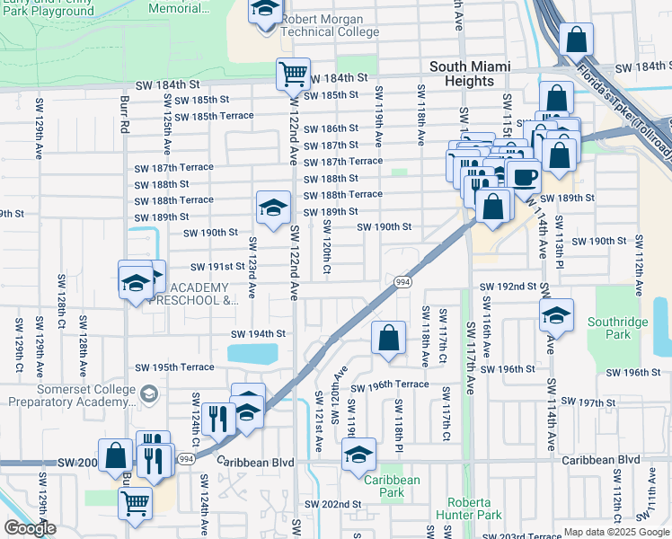 map of restaurants, bars, coffee shops, grocery stores, and more near 11960 Southwest 191st Terrace in Miami