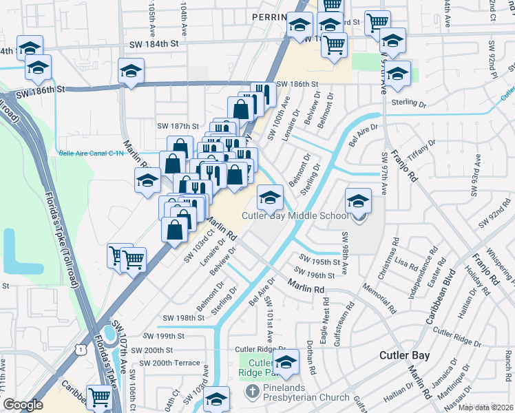 map of restaurants, bars, coffee shops, grocery stores, and more near 19350 Belview Drive in Cutler Bay