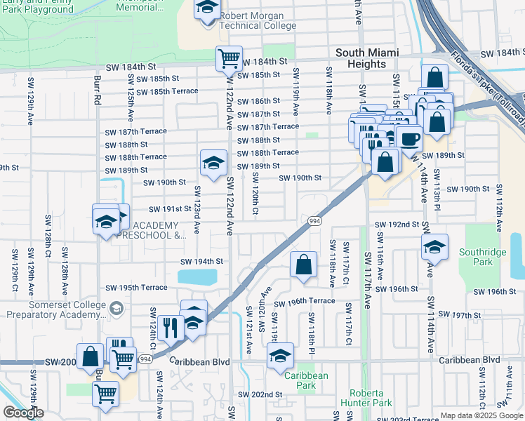 map of restaurants, bars, coffee shops, grocery stores, and more near 11960 Southwest 191st Terrace in Miami