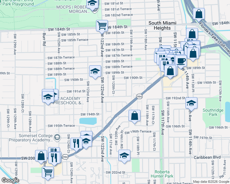 map of restaurants, bars, coffee shops, grocery stores, and more near 11960 Southwest 191st Terrace in Miami