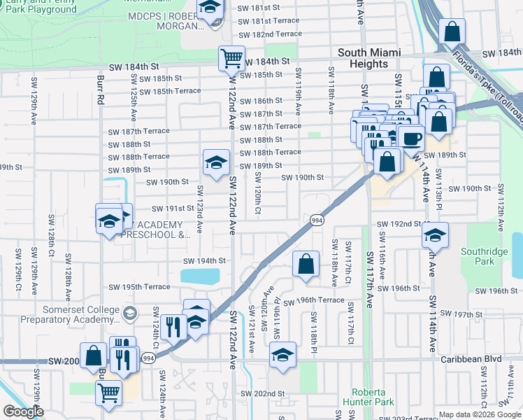 map of restaurants, bars, coffee shops, grocery stores, and more near 11960 Southwest 191st Terrace in Miami