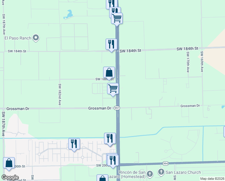 map of restaurants, bars, coffee shops, grocery stores, and more near 18800 Southwest 177th Avenue in Miami