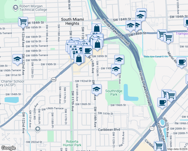 map of restaurants, bars, coffee shops, grocery stores, and more near 19007 Southwest 114th Avenue in Miami