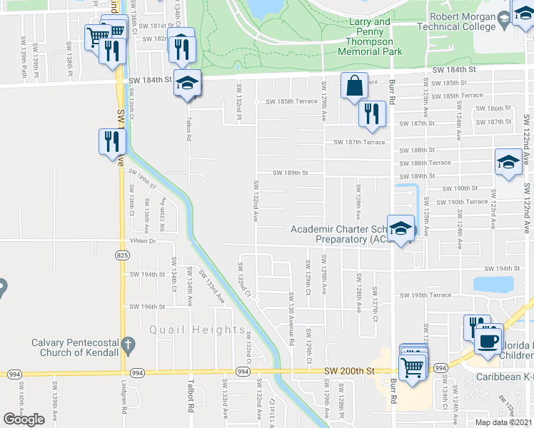 map of restaurants, bars, coffee shops, grocery stores, and more near 13162 Southwest 190th Lane in Miami