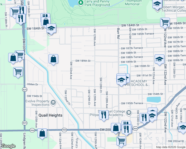 map of restaurants, bars, coffee shops, grocery stores, and more near 12900 Southwest 190th Terrace in Miami