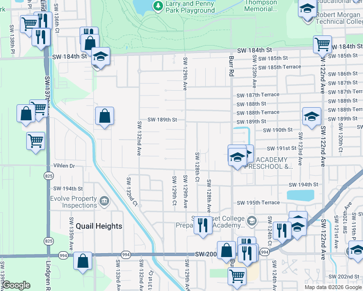 map of restaurants, bars, coffee shops, grocery stores, and more near 12900 Southwest 190th Terrace in Miami