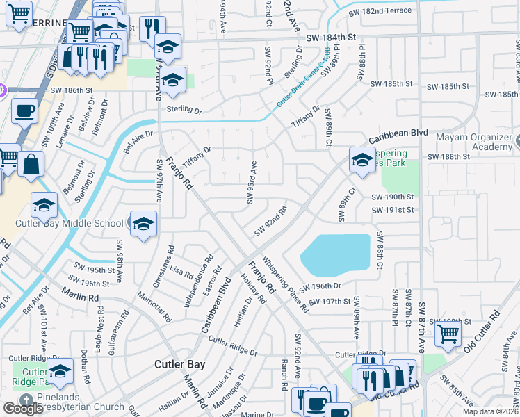 map of restaurants, bars, coffee shops, grocery stores, and more near 9300 Southwest 192nd Drive in Cutler Bay