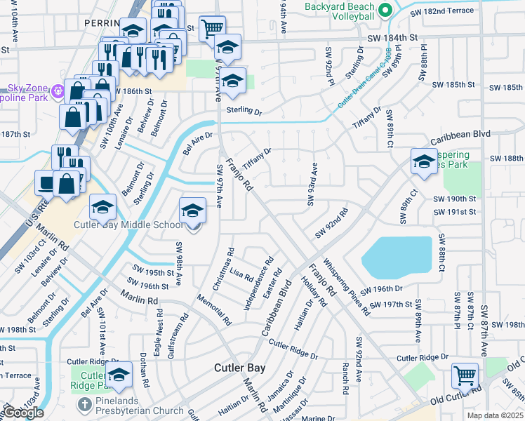 map of restaurants, bars, coffee shops, grocery stores, and more near 19000 Franjo Road in Cutler Bay