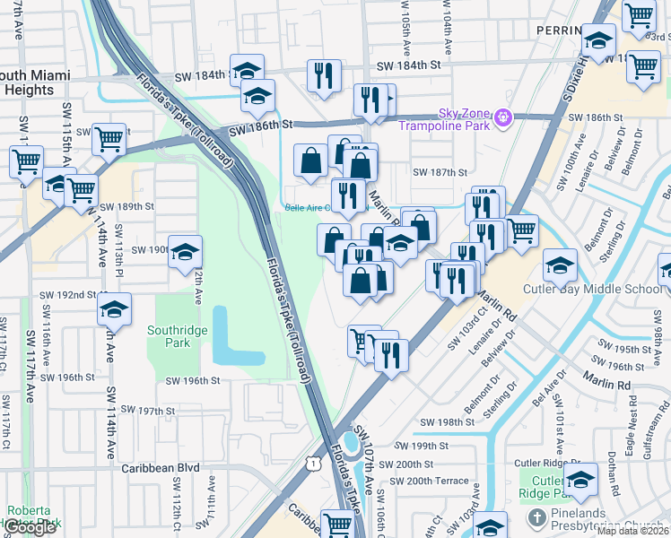 map of restaurants, bars, coffee shops, grocery stores, and more near 10776 SW 190th St in Miami