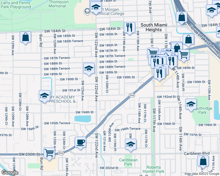 map of restaurants, bars, coffee shops, grocery stores, and more near 12000 Southwest 190th Terrace in Miami