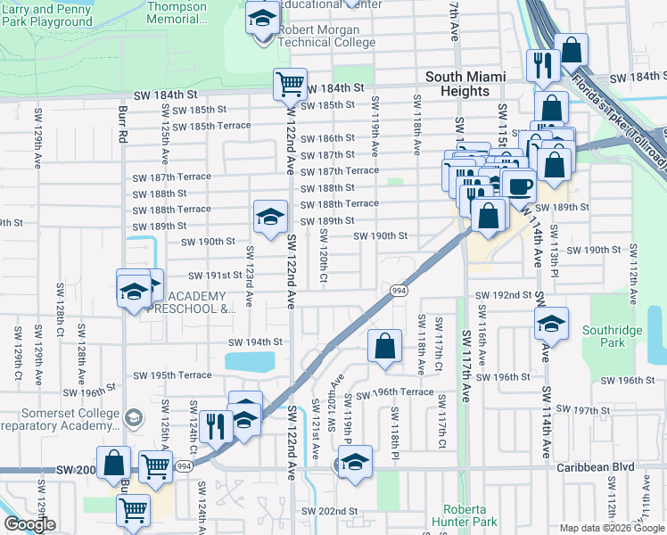 map of restaurants, bars, coffee shops, grocery stores, and more near 12000 Southwest 190th Terrace in Miami