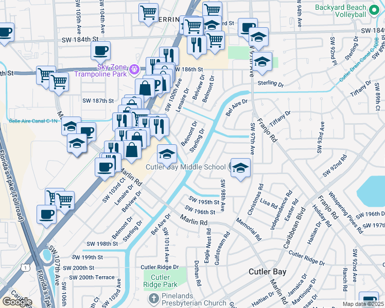 map of restaurants, bars, coffee shops, grocery stores, and more near 19030 Sterling Drive in Cutler Bay